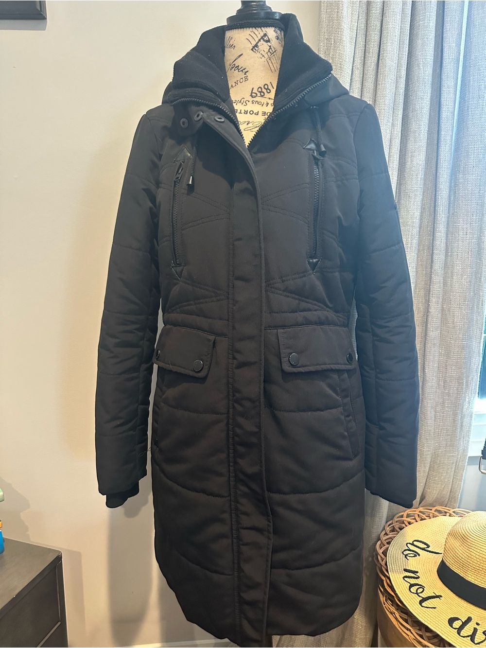 Lucky Brand Black Long Puffer Coat with Hood